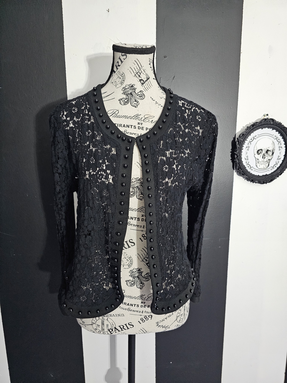 Vintage Black Lace Stud-Trim Open Cardigan Jacket